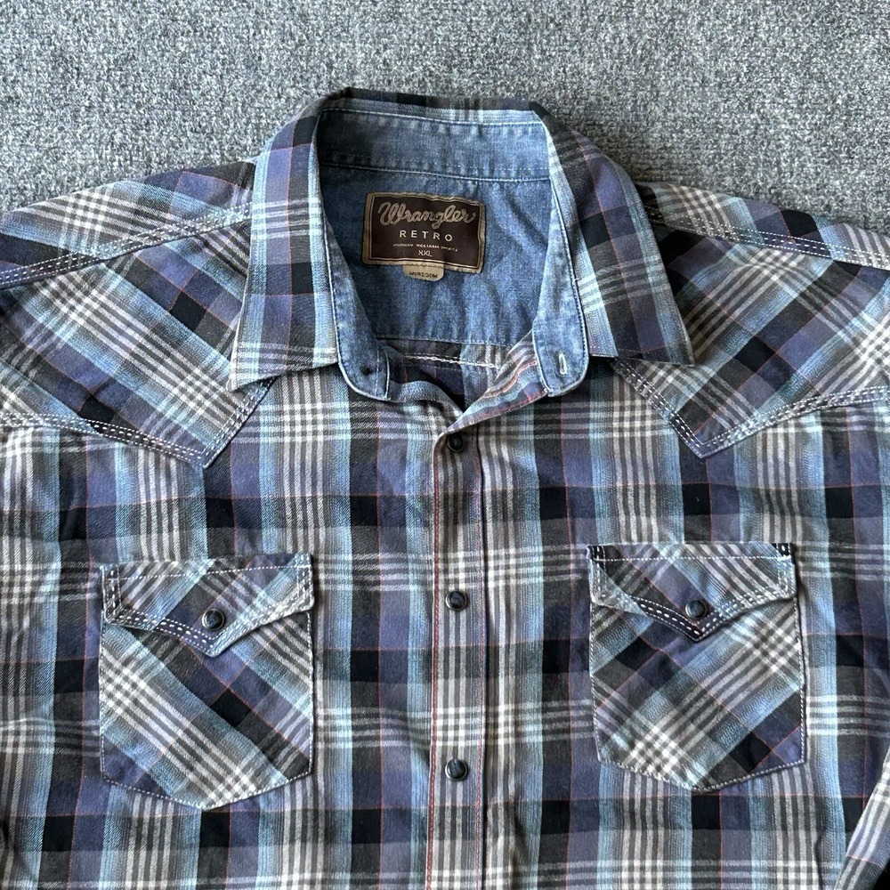Wrangler Shirt Men XXL‎ Retro Blue Pearl Snap Cowboy Southwest Premium Plaid
